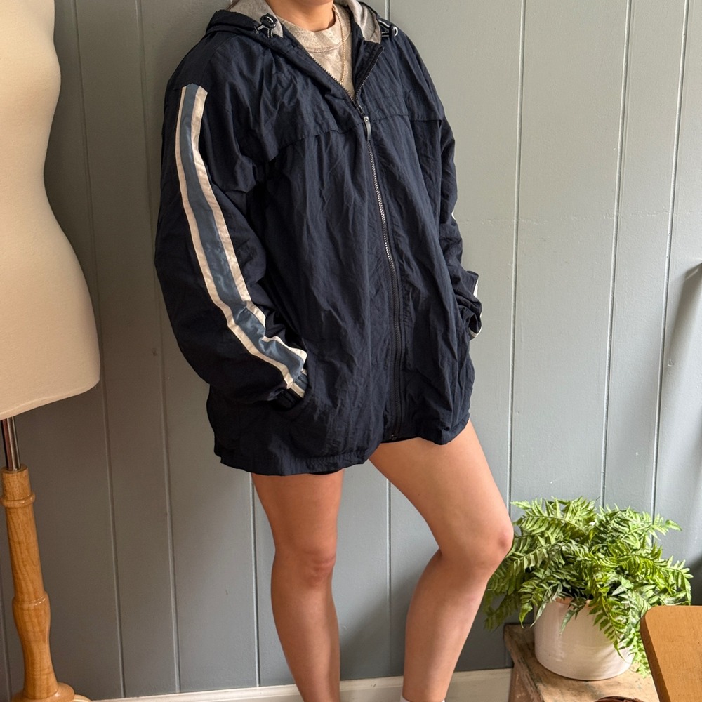 Vintage Sonoma Blue Hooded Windbreaker Track Stripe Jacket Women S/M Boys XL